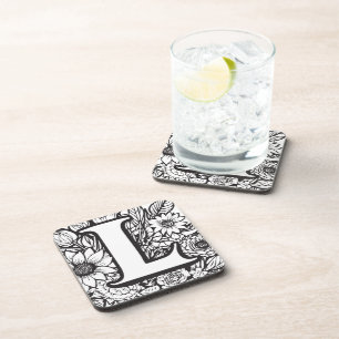 Gepersonaliseerde Inkt Bloem Monogram Zwart-Wit Bier Onderzetter