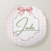 Gepersonaliseerde Jade Baby Girl Nursery Bow & Gin Rond Kussen (Voorkant)