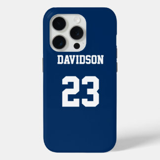 Gepersonaliseerde Jersey Naam Nummer Blauw en Wit iPhone 15 Pro Case