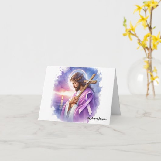 Gepersonaliseerde Jezus met Paarse Ribbon Sympathi Kaart (Gele Bloem)