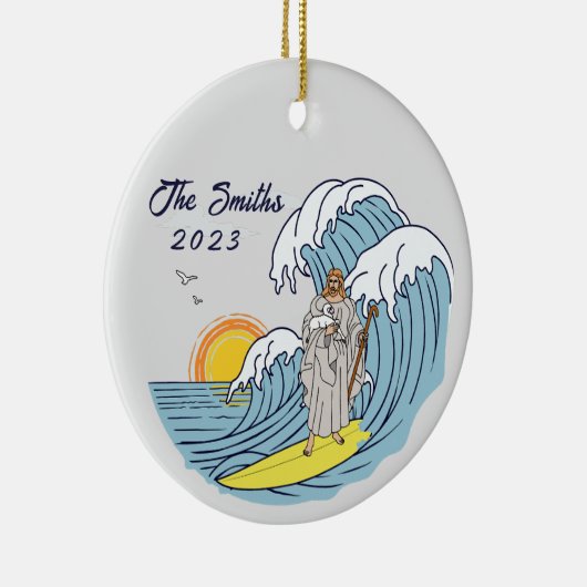 Gepersonaliseerde Jezus Surfen Kerstvakantie Keramisch Ornament (Rechts)