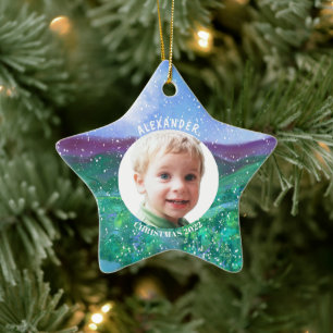 Gepersonaliseerde Jongen Kerstmis Dinosaurus Foto  Keramisch Ornament