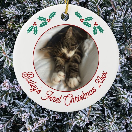 Gepersonaliseerde kat eerste kerstfoto keramisch ornament