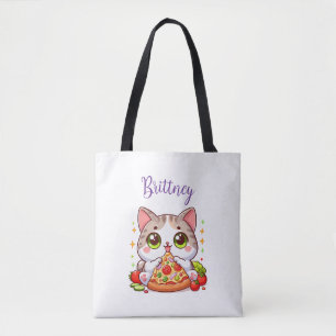 Gepersonaliseerde Kawaii Cat Eten Pizza Custom Draagtas