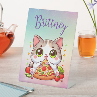Gepersonaliseerde Kawaii Cat Eten Pizza Custom Reclamebord Met Voetstuk