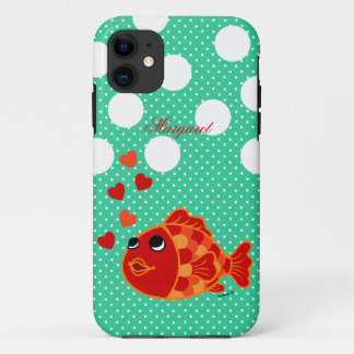 Gepersonaliseerde Kawaii Goldfish Cartoon met hart iPhone 11 Hoesje