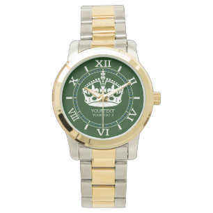 Gepersonaliseerde Keep Calm Crown op Forest Green  Horloge