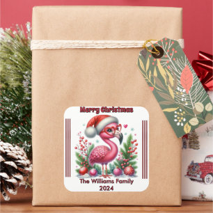Gepersonaliseerde kerst flamingo met feestelijke f vierkante sticker