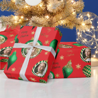 Gepersonaliseerde Kerst Groen Goud Foto Ornament Cadeaupapier