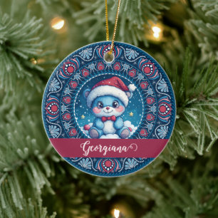 Gepersonaliseerde Kerst Kawaii Beer Dot Mandala Keramisch Ornament