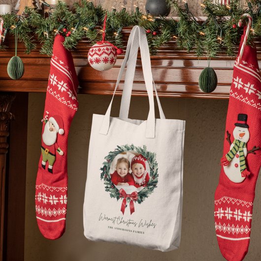 Gepersonaliseerde Kerst Krans Canvas tas met Foto