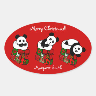 Gepersonaliseerde kerst panda kous ovale sticker