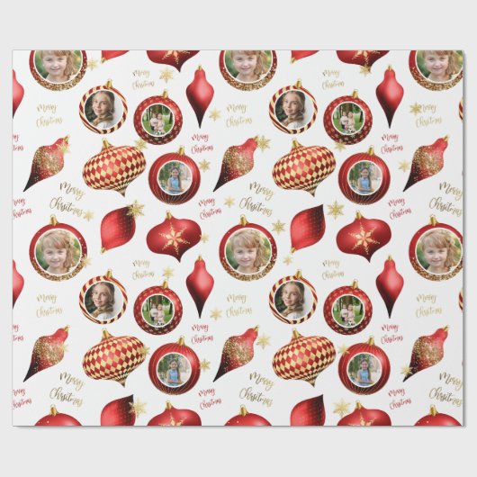 Gepersonaliseerde Kerst Rood Goud Foto Ornament Cadeaupapier (Vlak)