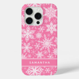 Gepersonaliseerde Kerst Roze en Witte Sneeuwvlokke iPhone 15 Pro Case