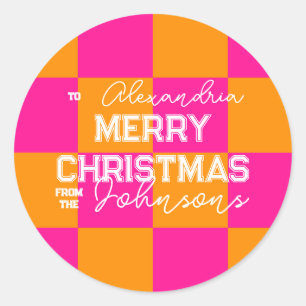 Gepersonaliseerde kerstcheck Hot Pink Sinaasappel Ronde Sticker
