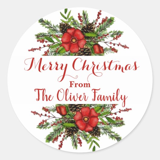 Gepersonaliseerde kerstflorale ronde sticker (Voorkant)