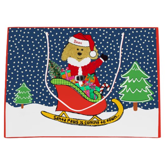 Gepersonaliseerde kerstguldenDoodle Santa Sleigh Groot Cadeauzakje (Voorkant)