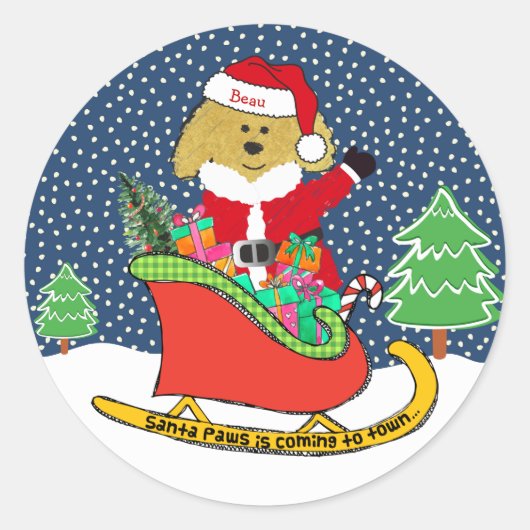 Gepersonaliseerde kerstguldenDoodle Santa Sleigh Ronde Sticker (Voorkant)