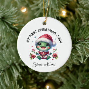 Gepersonaliseerde Kerstman Kikker Eerste Kerstmis Keramisch Ornament