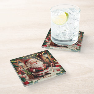 Gepersonaliseerde Kerstman Retro Kerstmis Glazen Onderzetter