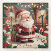 Gepersonaliseerde Kerstman Retro Kerstmis Glazen Onderzetter (Voorkant)