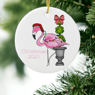 Gepersonaliseerde Kerstmis met Roze Flamingo Topia Keramisch Ornament