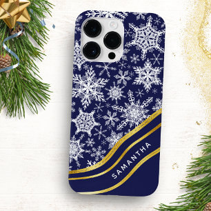 Gepersonaliseerde Kerstmis Navy Blauw Goud Sneeuwv iPhone 15 Pro Max Hoesje