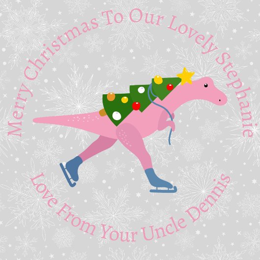 Gepersonaliseerde kerstschaatsroze dinosaur cadeaupapier