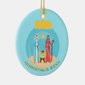 Gepersonaliseerde kerststal blauw en goud Kerstmis Keramisch Ornament (Rechts)