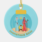 Gepersonaliseerde kerststal blauw en goud Kerstmis Keramisch Ornament (Voorkant)