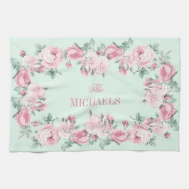 Gepersonaliseerde keukenhanddoekroze mint floral theedoek