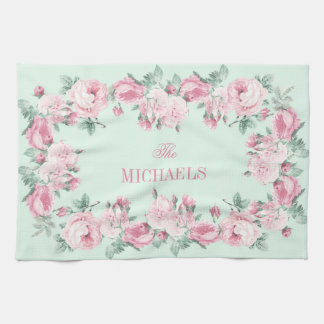 Gepersonaliseerde keukenhanddoekroze mint floral theedoek