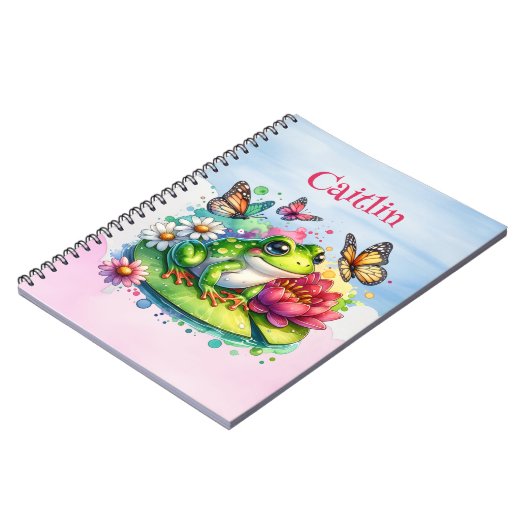 Gepersonaliseerde kikker, bloemen en vlinders notitieboek (Linkerzijde)
