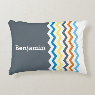 Gepersonaliseerde Kinder Chevron Grey Blue Oranje Accent Kussen