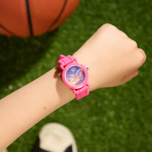 Gepersonaliseerde Kinder roze band met Paarse hart Horloge