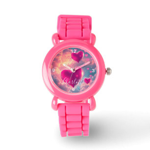 Gepersonaliseerde Kinder roze band met roze harten Horloge