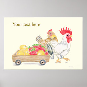 Gepersonaliseerde Kippenfamilie Aardbeien Kunst Poster