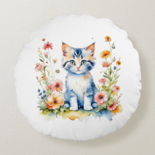 Gepersonaliseerde Kitten en Bloemen Baby Naam Rond Kussen