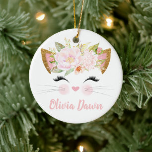 Gepersonaliseerde Kitten Face Girl's Roze Keramisch Ornament