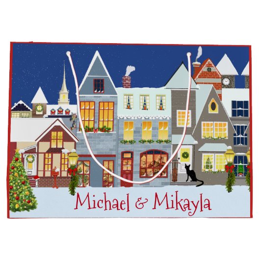 Gepersonaliseerde kleine stadscène kerst large cadeauzakje (Achterkant)