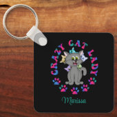 Gepersonaliseerde kleurrijke gekke kat dame sleutelhanger (Voorkant)