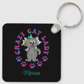 Gepersonaliseerde kleurrijke gekke kat dame sleutelhanger (Achterkant)