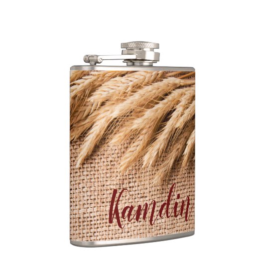 Gepersonaliseerde kolf tarwe op Burlap Sack Countr Heupfles (Rechts)