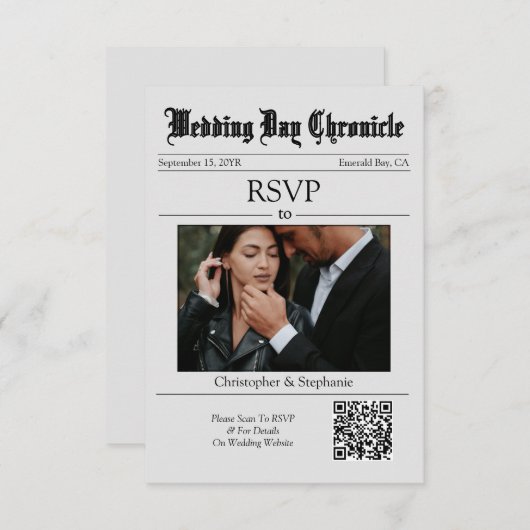 Gepersonaliseerde krant Minimalistisch Elegante QR RSVP Kaartje (Voorkant / Achterkant)