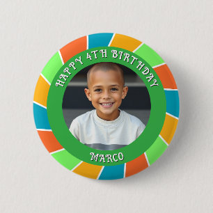 Gepersonaliseerde leeftijd, naam en foto verjaarda ronde button 5,7 cm
