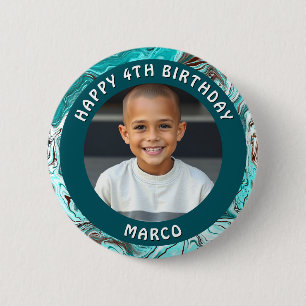 Gepersonaliseerde leeftijd, naam en foto verjaarda ronde button 5,7 cm