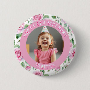 Gepersonaliseerde leeftijd, naam en foto verjaarda ronde button 5,7 cm