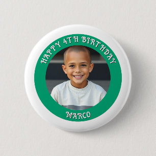 Gepersonaliseerde leeftijd, naam en foto verjaarda ronde button 5,7 cm