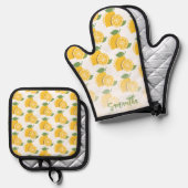 Gepersonaliseerde Lemon Fun Patroon Script Geel Ovenwant & Pannenlap Set (Voorkant / Achterkant)