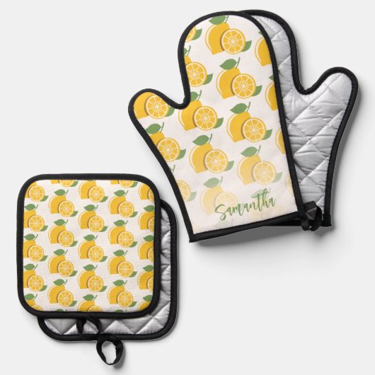 Gepersonaliseerde Lemon Fun Patroon Script Geel Ovenwant & Pannenlap Set (Voorkant / Achterkant)